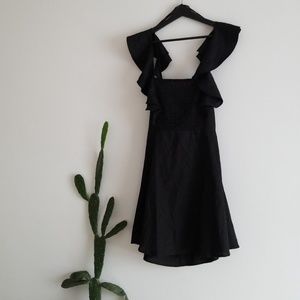 Black linen open back ruffle sleeve a-line dress